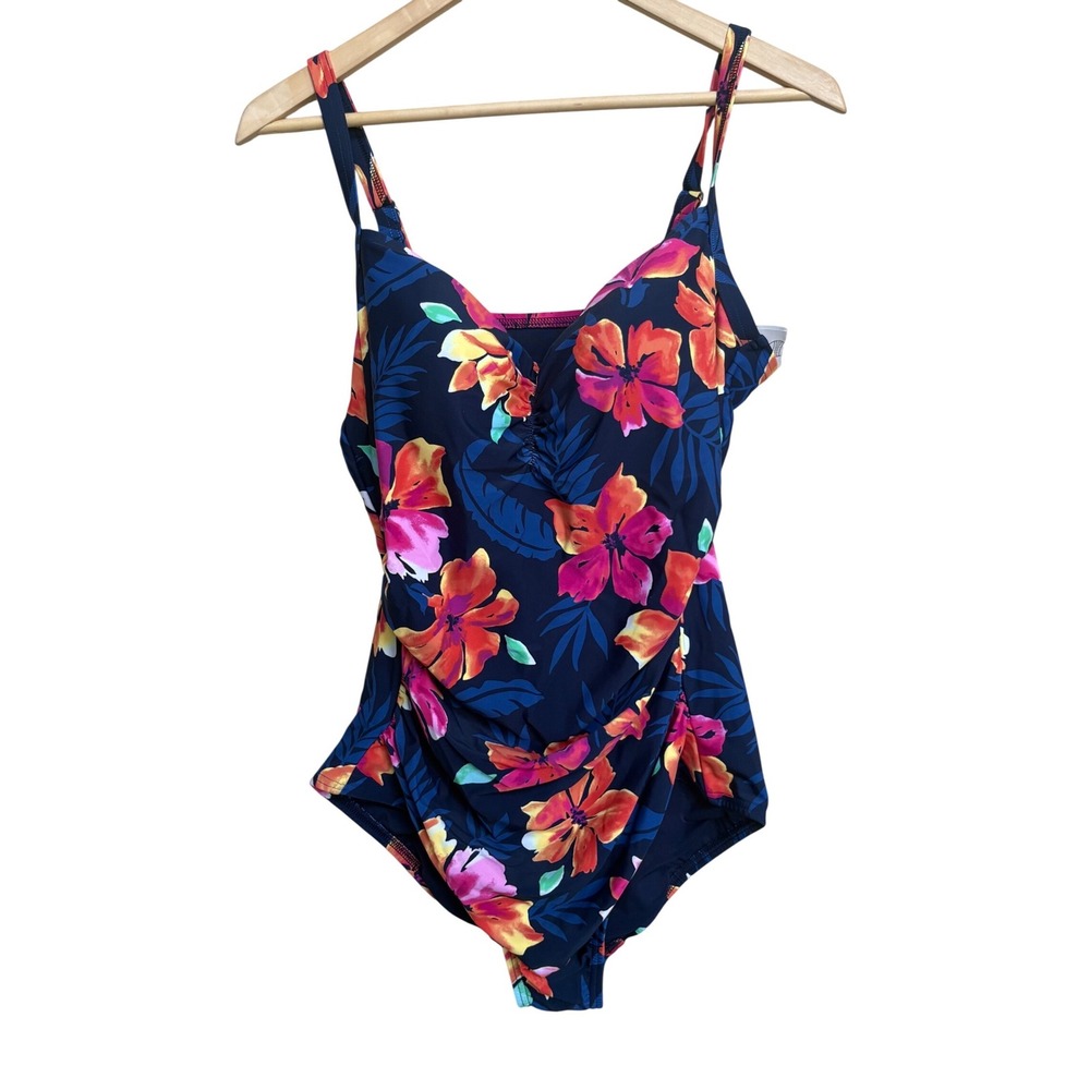 NWT Lands' End Slender Suit One Piece Swimsuit Large 14-16 Navy Floral  Summer